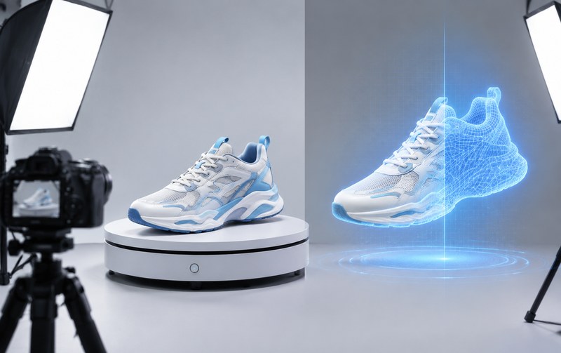 产品3D展示制作的两条路线:实拍360和实时三维怎么选(图1) 实拍360与实时三维对比:转盘上的运动鞋与旁边半线框的三维模型